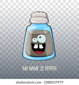 El agitador de pimienta de dibujos animados con caras sonrientes aisladas en un fondo transparente. Funky personaje de pimienta Kawaii. Mi nombre es ilustración de concepto de pimienta para imprimir en el tee