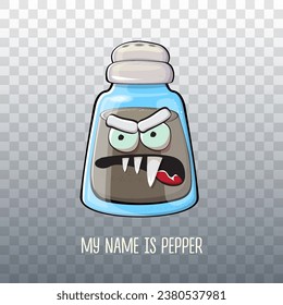 El agitador de pimienta de dibujos animados con caras sonrientes aisladas en un fondo transparente. Funky personaje de pimienta Kawaii. Mi nombre es ilustración de concepto de pimienta para imprimir en el tee