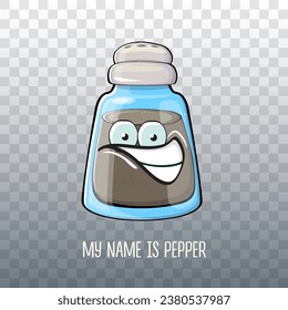Vector cartoon pepper shaker with smiling faces isolated on transparent background. Funky Kawaii pepper character. My name is pepper concept illustration for printing on tee