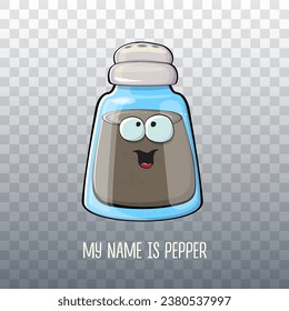 Vector cartoon pepper shaker with smiling faces isolated on transparent background. Funky Kawaii pepper character. My name is pepper concept illustration for printing on tee