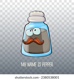 Vector cartoon pepper shaker with smiling faces isolated on transparent background. Funky Kawaii pepper character. My name is pepper concept illustration for printing on tee