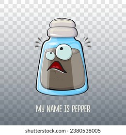 Vector cartoon pepper shaker with smiling faces isolated on transparent background. Funky Kawaii pepper character. My name is pepper concept illustration for printing on tee