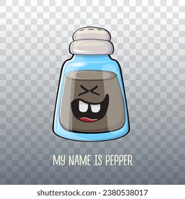 Vector cartoon pepper shaker with smiling faces isolated on transparent background. Funky Kawaii pepper character. My name is pepper concept illustration for printing on tee