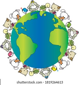 vectores dibujos animados mascotas gato perro de conejo tortuga de pájaro en la tierra
