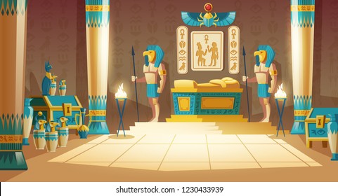 Vector cartoon pharaoh tomb with golden sarcophagus, statues of gods with animal heads, columns, symbols and hieroglyphics on wall. Egyptian ancient culture, mythology and religion, concept background