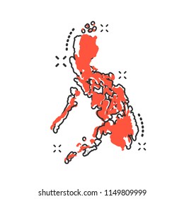 Vector cartoon Philippines map icon in comic style. Philippines sign illustration pictogram. Cartography map business splash effect concept.