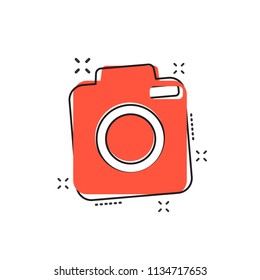 Vector cartoon photo camera icon in comic style. Photographer cam sign illustration pictogram. Camera business splash effect concept.