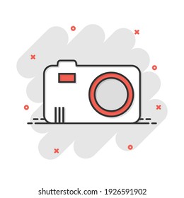 Vector cartoon photo camera icon in comic style. Photographer cam sign illustration pictogram. Camera business splash effect concept.