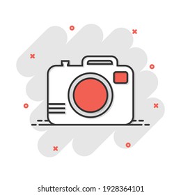 Vector cartoon photo camera icon in comic style. Photographer cam sign illustration pictogram. Camera business splash effect concept.