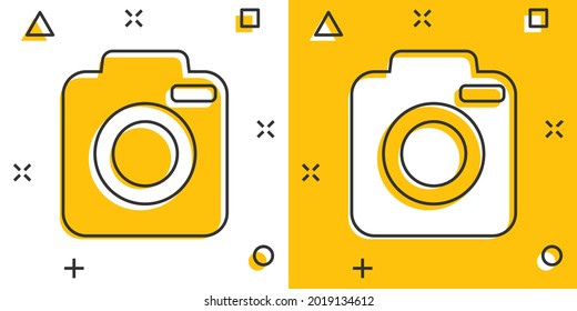 Vector cartoon photo camera icon in comic style. Photographer cam sign illustration pictogram. Camera business splash effect concept.
