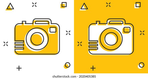 Vector cartoon photo camera icon in comic style. Photographer cam sign illustration pictogram. Camera business splash effect concept.