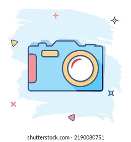 Vector Cartoon Photo Camera Icon In Comic Style. Photographer Cam Sign Illustration Pictogram. Camera Business Splash Effect Concept.