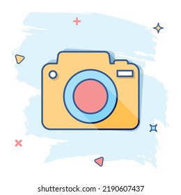 Vector Cartoon Photo Camera Icon In Comic Style. Photographer Cam Sign Illustration Pictogram. Camera Business Splash Effect Concept.