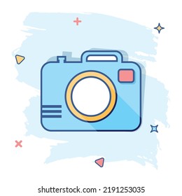 Vector Cartoon Photo Camera Icon In Comic Style. Photographer Cam Sign Illustration Pictogram. Camera Business Splash Effect Concept.