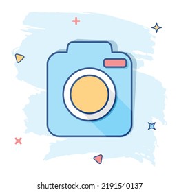 Vector Cartoon Photo Camera Icon In Comic Style. Photographer Cam Sign Illustration Pictogram. Camera Business Splash Effect Concept.