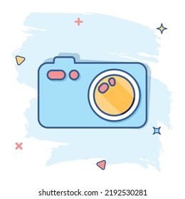 Vector Cartoon Photo Camera Icon In Comic Style. Photographer Cam Sign Illustration Pictogram. Camera Business Splash Effect Concept.