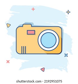 Vector Cartoon Photo Camera Icon In Comic Style. Photographer Cam Sign Illustration Pictogram. Camera Business Splash Effect Concept.