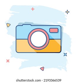 Vector Cartoon Photo Camera Icon In Comic Style. Photographer Cam Sign Illustration Pictogram. Camera Business Splash Effect Concept.