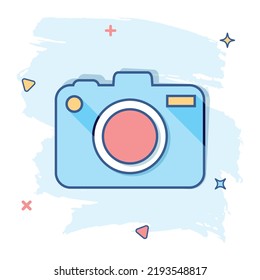 Vector Cartoon Photo Camera Icon In Comic Style. Photographer Cam Sign Illustration Pictogram. Camera Business Splash Effect Concept.