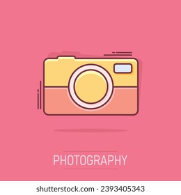 Vector cartoon photo camera icon in comic style. Photographer cam sign illustration pictogram. Camera business splash effect concept.