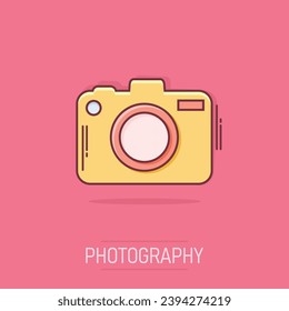 Vector cartoon photo camera icon in comic style. Photographer cam sign illustration pictogram. Camera business splash effect concept.