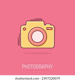 Vector cartoon photo camera icon in comic style. Photographer cam sign illustration pictogram. Camera business splash effect concept.