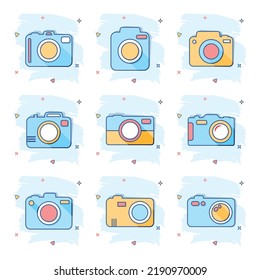 Vector Cartoon Photo Camera Set Icon In Comic Style. Photographer Cam Sign Illustration Pictogram. Camera Business Splash Effect Concept.