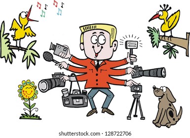 Vector cartoon of photographer with camera equipment.