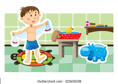 Vector Cartoon Picture Of Boy In Bathroom Towel