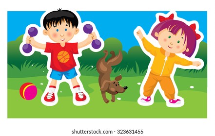 Vector cartoon picture of boy and girl doing physical exercises with dog