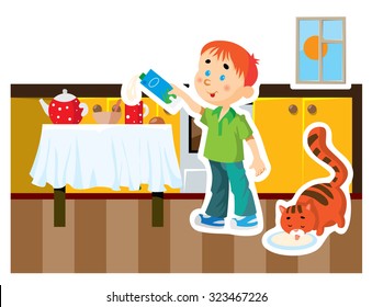Vector cartoon picture of a boy having breakfast