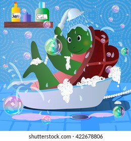 Vector cartoon picture of funny turtle in bathroom towel. character illustration