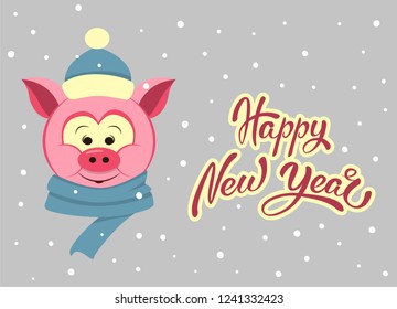 Vector cartoon pig with blue scarf and hat. Funny character for christmas and new year children's prints, greetings, posters, t-shirt, packaging. Happy New Year hand lettering. Cute animal.