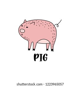 Vector cartoon pig girl art. Poster and banner element, children's book illustration, postcard, gift card, print, sticker, label and other. Isolated on white background.