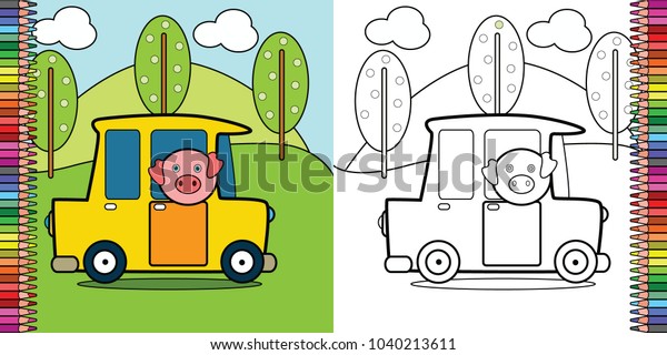 vector cartoon of a pig riding a car,\
coloring book page for children creative\
activities
