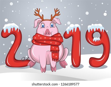 Vector of cartoon pig in warm scarf and reindeer hairband among of the text of 2019 and snowflakes