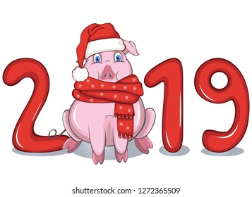 Vector of cartoon pig in warm scarf and Santa hat among of the text of 2019