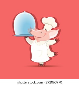 Vector cartoon Piggy chief brings a big restaurant dish