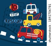 Vector cartoon of pile of emergency vehicles cartoon in the road on buildings background