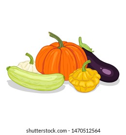 Vector Cartoon Pile of Vegetables: Squash, Pumpkin and Eggplant.