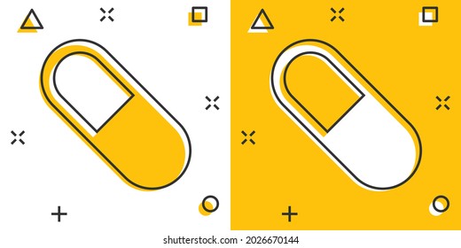 Vector cartoon pill icon in comic style. Tablet concept illustration pictogram. Capsule medical business splash effect concept.