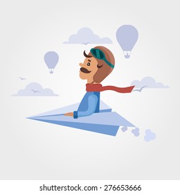 Vector Cartoon Pilot Flying on a Paper Plane