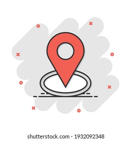Vector cartoon pin location icon in comic style. Navigation map, gps sign illustration pictogram. Pin business splash effect concept.