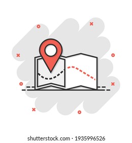 Vector cartoon pin on the map icon in comic style. Map gps sign illustration pictogram. Navigation business splash effect concept.