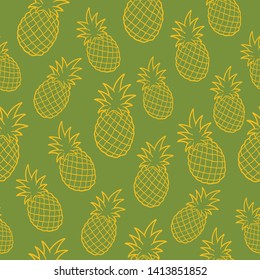 Vector Cartoon Pineapple Line Art Pattern In Vintage Green Background