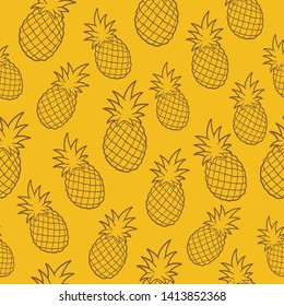 Vector Cartoon Pineapple Line Art In Vintage Yellow Background