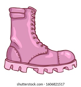 Vector Cartoon Pink Army Boots. High Women Military Shoes