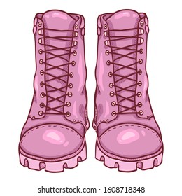 Vector Cartoon Pink Army Boots. High Women Military Shoes