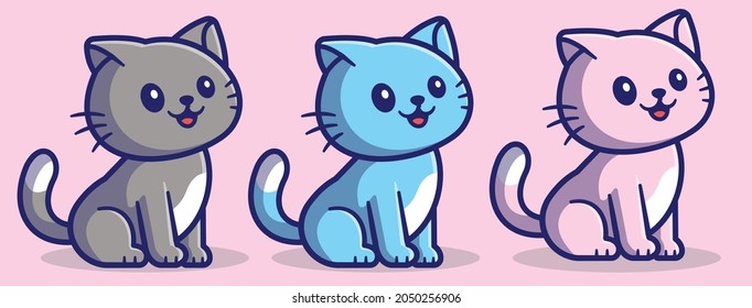 vector cartoon of a pink blue gray three cute Lovey cat Doodle vector illustration of funny cat in Love costume. Can be used for t-short print, poster or card  Cute Love Cat Cartoon