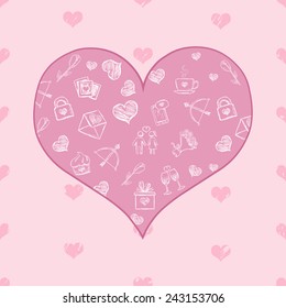 Vector Cartoon Pink Heart with Pattern Fill for Valentines Day on Pink Hearts Pattern Background